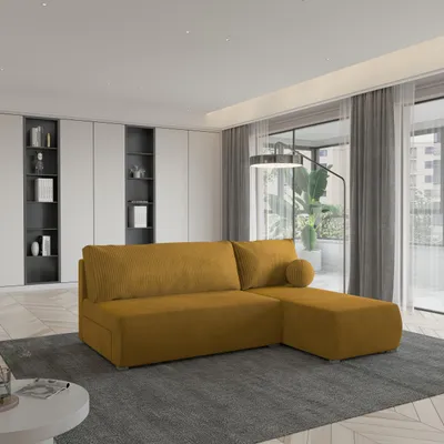 Produktbild von Masseno Ecksofa PARVELO mit Schlaffunktion L-Form, Sofa mit Bettkasten, Wohnzimmersofa, Couch, Soffa, Bettsofa, Couchgarnitur- Gelb, POSO 01 + KRONOS 01
