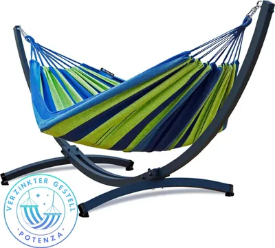 Produktbild von Potenza Outdoor Hängematte mit Verzinkter Tytan Gestell für 2 Personen I Baumwolle Doppelhängematte XXL 220x160, 200kg I Hängemattengestell 350 kg, wetterfest