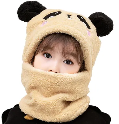 Produktbild von Kinder Winter Mütze mit Schal 2 in 1 Cartoon Kaninchen Panda Ohrenklappe Ski Mütze Set 5-8 Jahre Panda Beige Plüsch