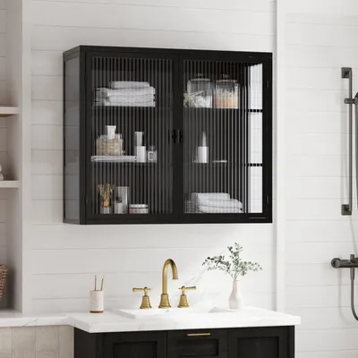 Image de Armoire murale moderne de 70 cm avec portes en verre, meuble suspendu à deux portes avec rangement en trois niveaux, couleur noire