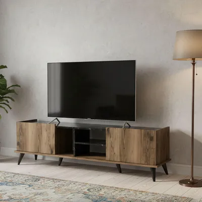 Image de Paine - Meuble TV, 180x34x52h cm Noyer Marron, 2 Étagères