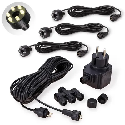 Produktbild von CLGarden Beleuchtung Set für Springbrunnen mit 3 warmweißen LED Ringen IP44 12V Trafo 10 Meter Verbindungskabel und 3er Verteiler für LED Kranz DIY