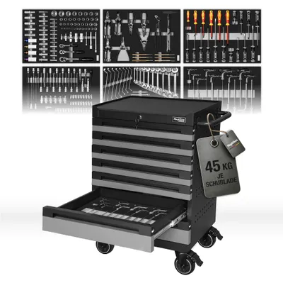 Produktbild von Mephisto Werkstattwagen „MONO“ Industrial Line mit 7 Schubladen und 266-teiligem Werkzeugsatz