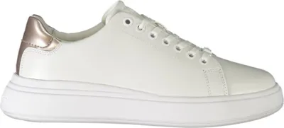 A white women's sneaker with a rose gold heel accent, shown from the side against a white background.