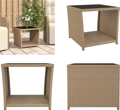 Produktbild von vidaXL Beistelltisch mit Glasplatte Beige Poly Rattan & Hartglas - Beistelltisch - Beistelltische - Teetisch - Gartenmöbel