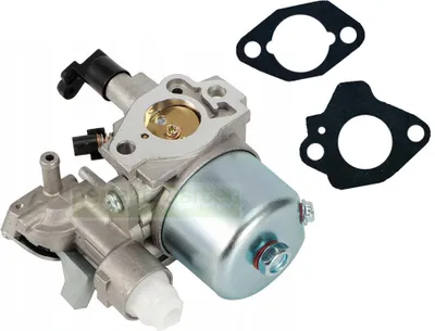 A carburetor and two gaskets are shown against a white background.