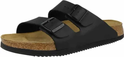 A black Birkenstock Arizona sandal is shown from a slightly elevated side angle against a white background.