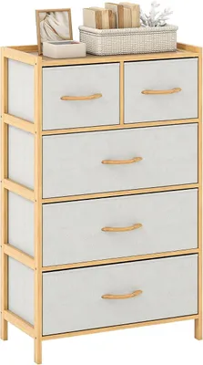 Produktbild von Kommode mit abnehmbaren Stoffschubladen & Bambusrahmen, Bambus Schubladenschrank Aufbewahrungsschrank Stoff, Kommodeschrank für Wohnzimmer und Flur (58 x 30 x 94 cm)