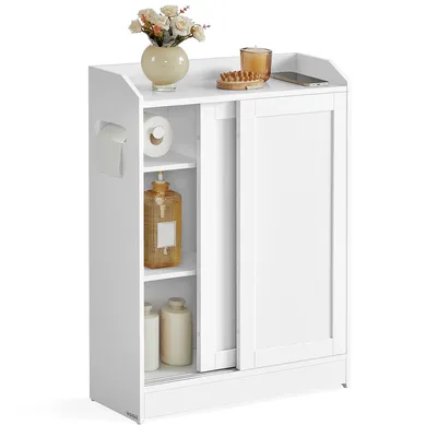 Produktbild von VASAGLE Badezimmerschrank, Badschrank platzsparend, Toilettenrollenhalter, Toilettenbürstenhalter, Schiebetüren, verstellbare Einlegeböden