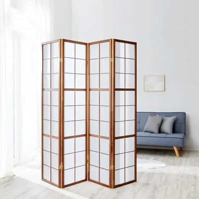 Produktbild von Homestyle4u 168, Paravent Raumteiler 4 Teilig, Holz Braun Tabak, Reispapier Weiß, Höhe 175 cm