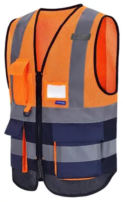 Immagine prodotto di Gilet di sicurezza con cerniera e tasca per cellulare, taglia XS, tessuto a rete arancione e blu navy