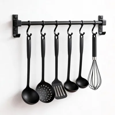 Image de Barre de suspension noire de 40 cm avec 6 crochets amovibles pour ustensiles de cuisine