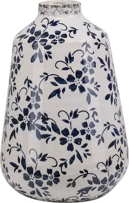 Produktbild von BELIANI Blumenvase Weiß Steinzeug Handgefertigt 25 cm mit Blauem Blumenmotiv Wasserdicht Deko Accessoires Wohnzimmer Schlafzimmer Flur Kamin