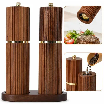 Produktbild von Salz- und Pfeffermühle Set 2er, aus Akazienholz mit Keramikmahlwerk, Mahlgrad einstellbar, nachfüllbar, mit Holztablett