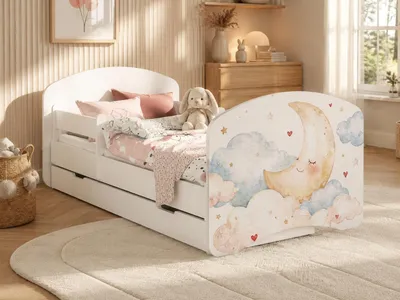 Obrázek produktu pro Kompletní dětská postýlka 160 × 80 cm, bílá | S ochrannou bočnicí, zásuvkou a matrací | Motiv zvířátek v akvarelovém stylu