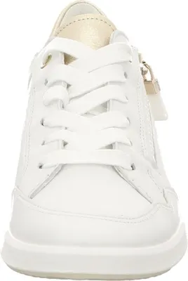 A close-up, front-facing view of a white sneaker.