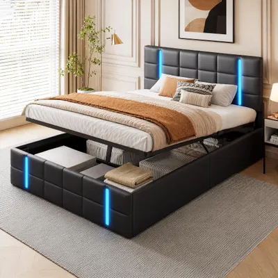 Produktbild von INONEFT Polsterbett 160 x 200 cm, Doppelbett mit LED und USB Kopfteil, hydraulisches Stauraumbett, Jugendbett, Funktionsbett, PU, schwarz