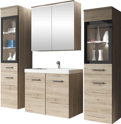 A set of bathroom furniture including a sink vanity, a mirrored cabinet, and two tall cabinets, displayed against a white background.