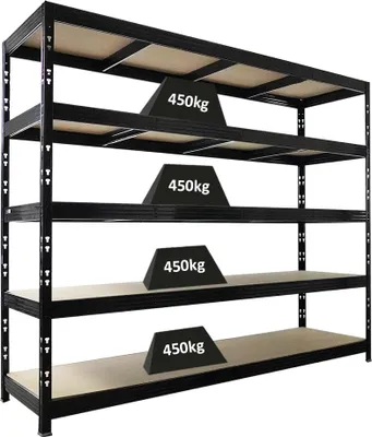 Produktbild von Profi Schwerlastregal Rhino | HxBxT 200x240x70cm | 5 Spanplatten-Ebenen 8mm | Fachlast 450kg | Schwarz