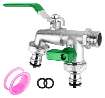 Produktbild von Außenhahn mit doppeltem Auslass, 1/2 Zoll - Messing - Wandmontage - Für Garten und Haushalt