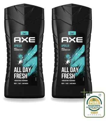 Zdjęcie produktu dla 2 opakowania żelu pod prysznic 3 w 1 Axe Apollo - zapach szałwii i cedru - 250 ml - zestaw ekonomiczny (2 sztuki)
