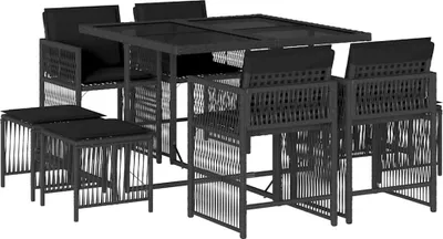 Obrázek produktu pro vidaXL 9dílný zahradní jídelní set s polštáři Black Poly Rattan