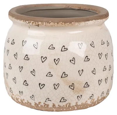 Productafbeelding van Clayre & Eef bloempot, diameter 16 cm, hoogte 13 cm, beige en zwart, keramiek, met hartjes