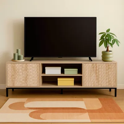 Image de Meuble TV rectangulaire 2 portes L160 cm bois clair - Oviala Ketry