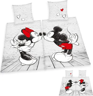 Produktbild von Disney Mickey + Minnie Mouse 4-teilig Partner Bettwäsche / Doppelpack 2x 80x80cm + 135x200cm, 100% Baumwolle