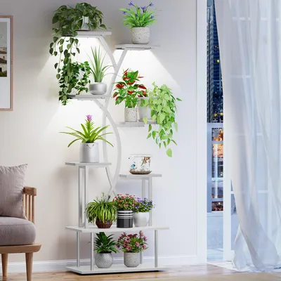Productafbeelding van Biemler - 8-laags plantenstandaard met plantlamp, 172 cm, decoratieve, trapeziumvormige plantenstandaard, geschikt voor binnen- en buitengebruik