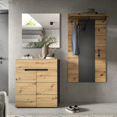 Produktbild von Garderoben-Set mit Schuhschrank & Garderobenpaneel in Eiche & Grau, 3-teilig - CORTANA-158