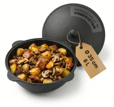 Produktbild von Gusseisen Kazan mit Aluminiumdeckel – 8 Liter  Perfekt für Outdoor-Küche & offene Feuerstellen Campingtopf Kazan NAMANGAN WOK Kessel Camping BBQ Asia