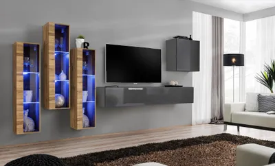 Produktbild von Luxus Wohnwand Grau Hochglanz TV Ständer Designer Sideboard Wohnzimmer Set