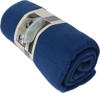 A rolled-up blue fleece blanket with a product label.