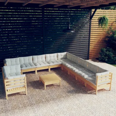 Produktbild von Möbel 12-tlg. Garten-Lounge-Set mit Creme Kissen Massivholz Kiefer - Balkonmöbel 3096929