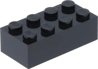 A single black LEGO brick is shown from a slightly elevated side angle against a white background.