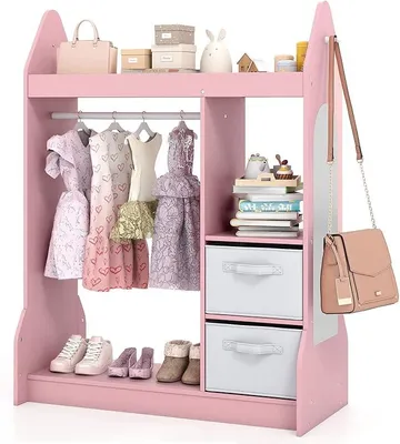 Produktbild von Kinderkleiderschrank mit Spiegel & Kleiderstange, Kindergarderobe mit 3 Regalen & 2 Faltbare Stoffboxen, Kleiderständer für Kleidung & Spielzeug für Kinderzimmer, 81 x 38 x 107 cm (Rosa)