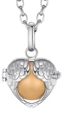 Produktbild von Morella® Damen Halskette Edelstahl 70 cm mit Engelsflügel Herz Anhänger und Klangkugel gold Ø 16 mm in Schmuckbeutel