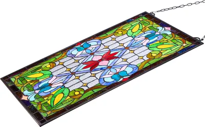 Zdjęcie produktu dla SucceBuy Prostokątny witraż (731 x 433 mm) z łańcuszkiem, dekoracyjne szkło w stylu Tiffany do zawieszenia, tradycyjny wzór vintage do dekoracji okien w kuchniach i kościołach