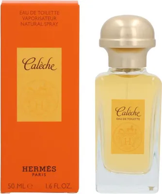 A product shot of Hermes Caleche Eau de Toilette for women, with the product box and bottle displayed side-by-side against a white background.