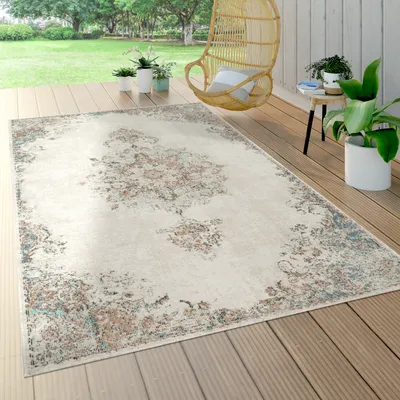 Produktbild von Outdoor Teppich Wetterfest Balkon Wohnzimmer Küche Vintage Orient Muster Creme Grösse 60x100 cm