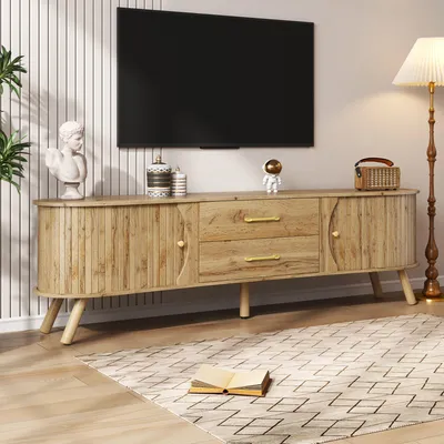 Produktbild von okwish TV-Schrank Fernsehschrank mit 2 Schiebetüren und Schubladen Erbsenform TV-Lowboard mit vertikaler Rillenoptik Wohnzimmer MDF Hellbraun