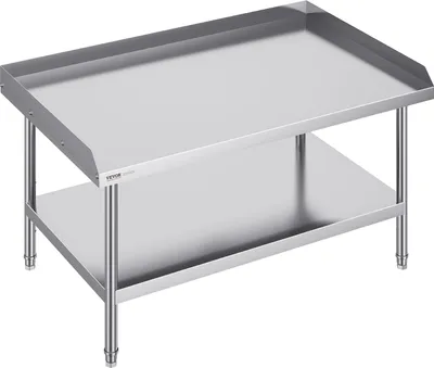 A stainless steel work table with two tiers.