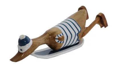 Produktbild von Deko Ente Holz Laufente auf Surfbrett Badeanzug Gans Vogel Figur Skulptur Objekt