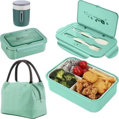 Zdjęcie produktu dla Zestaw pojemników na lunch Unyqoos® Bento o pojemności 1400 ml – 3 pojemniki z tworzywa PP (bez BPA) z przyborami, termocupem i torbą na lunch, szczelne, nadające się do używania w mikrofalówce, kolor zielony
