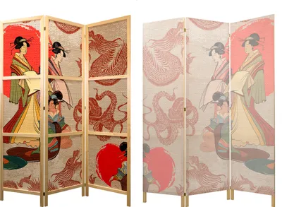 Produktbild von Paravent Geisha & Drache 135x171 cm - 3-teilig - einseitig - eleganter Sichtschutz - Raumteiler - Trennwand - Raumtrenner - Holz - Design Motiv - Deko - Japan p-B-0027-z-b