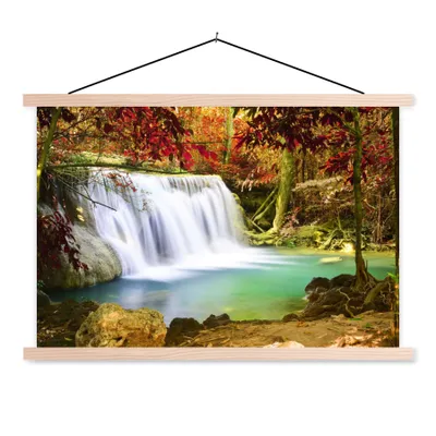 Produktbild von MuchoWow® Textilposter Herbst - Wasserfall - Natur 120x80 cm mit holzfarbenen Rahmen - Aufhängeset