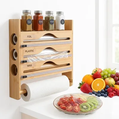 Image de Distributeur 4 en 1 pour film alimentaire, avec couteau de découpe en bambou