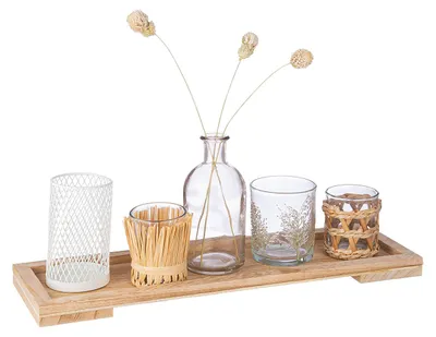 Obrázok produktu pre Sada Gilde, 6-dielna, dekoratívna sada "Nature", sklo, MDF, kov, prírodné farby, balenie obsahuje 3 sady, dĺžka 12,5 cm, šírka 40 cm, výška 15 cm, kód: 51564, EAN: 4001250515647
