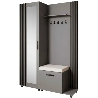 Produktbild von Garderoben-Set LIVIA Rechts Graphit – Garderobenschrank mit Spiegel, Schuhschrank mit hellbeigem Sitzkissen, Lamellen in Schwarz, Hochschrank